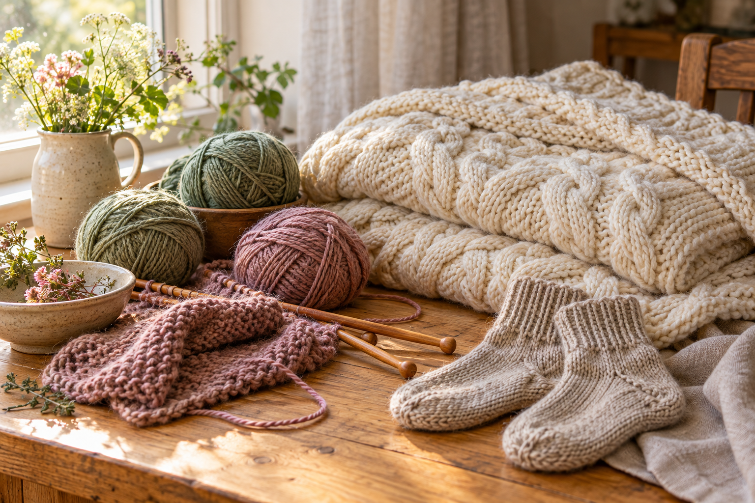 Stimmungsbild mit Wolle und Strickwaren auf einem Holztisch – KI-generiert